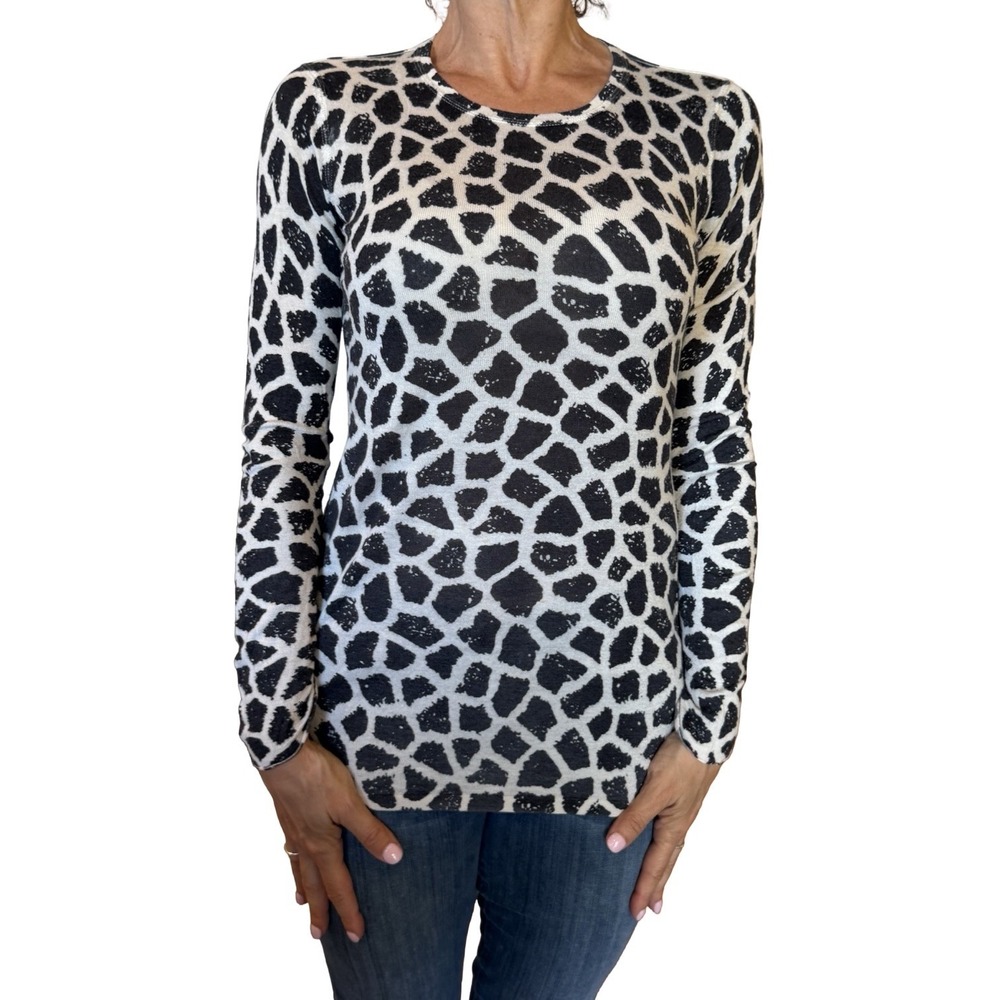Kokun Sweater Top Crew Neck Long Sleeve White Printed Cashmere Bamboo Slim Fit S